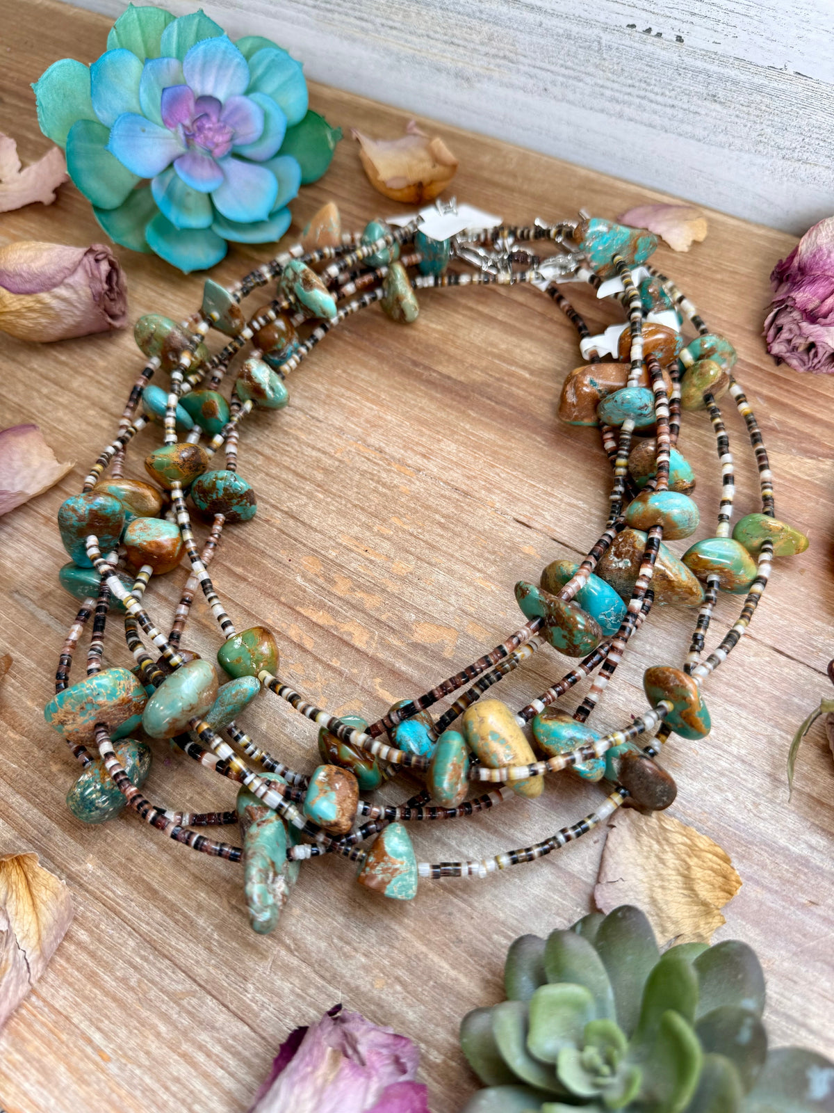 22” Chunky Turquoise & Dark Brown Shell Heishi Necklace