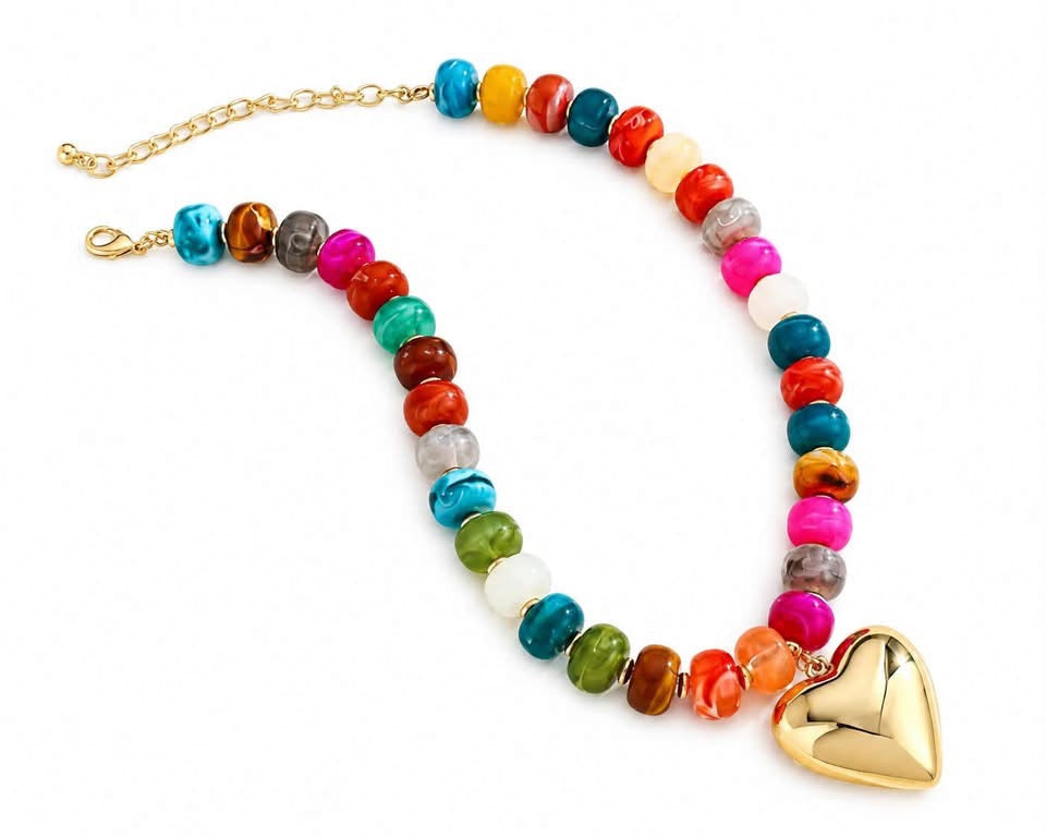 Rainbow Beaded Heart Necklace
