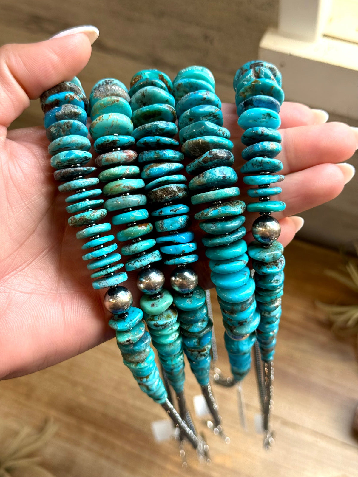 Dark Blue Turquoise Graduated Necklace with Sterling Silver Pearls & Hematite – 23”