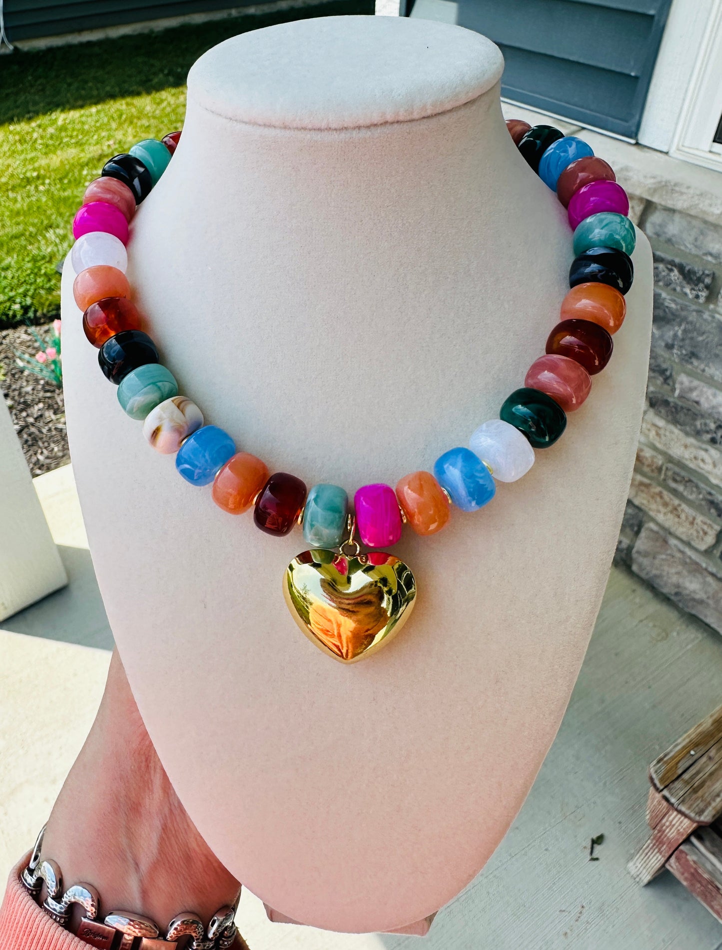 Rainbow Beaded Heart Necklace