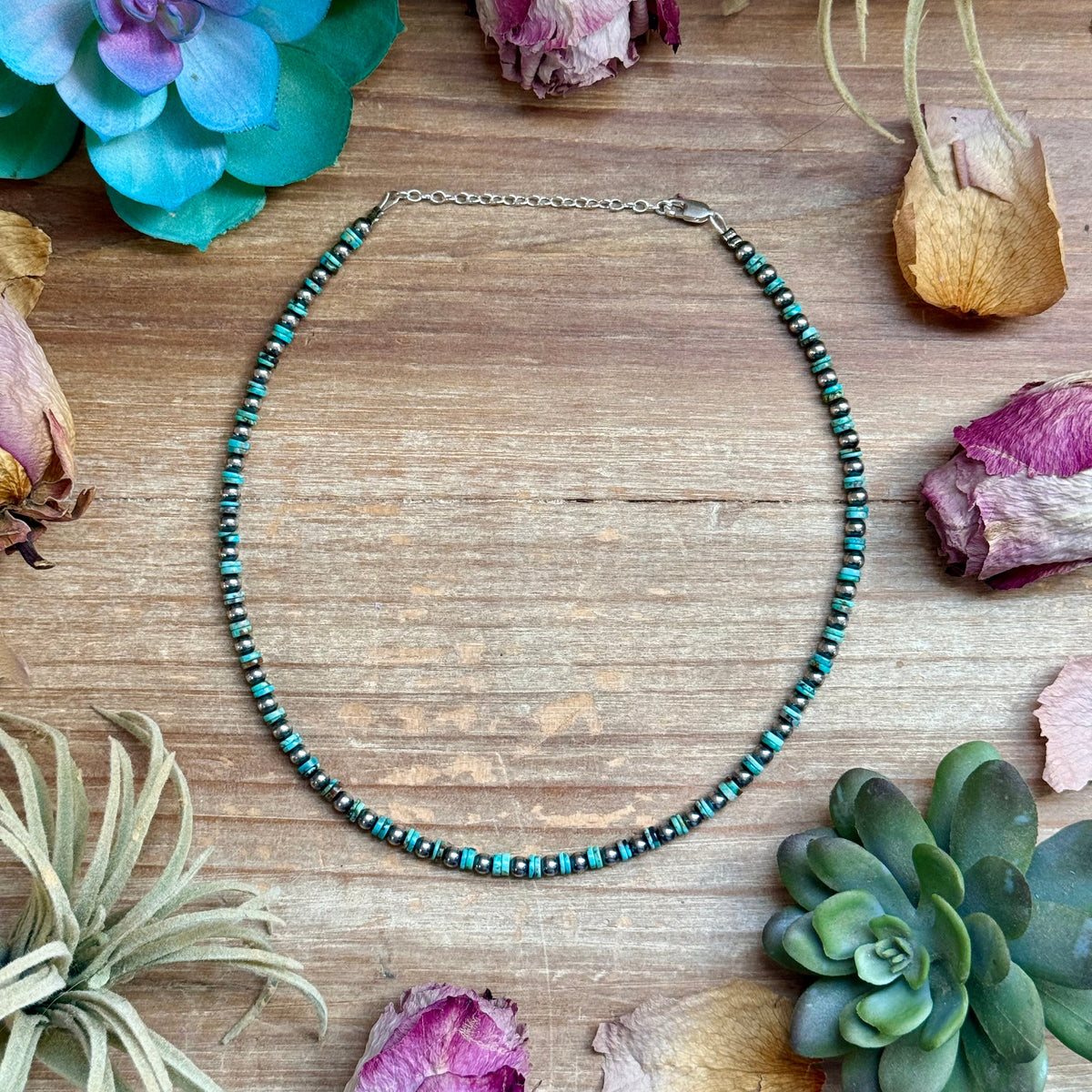 14” Turquoise Heishi Choker – Sterling Silver Pearls