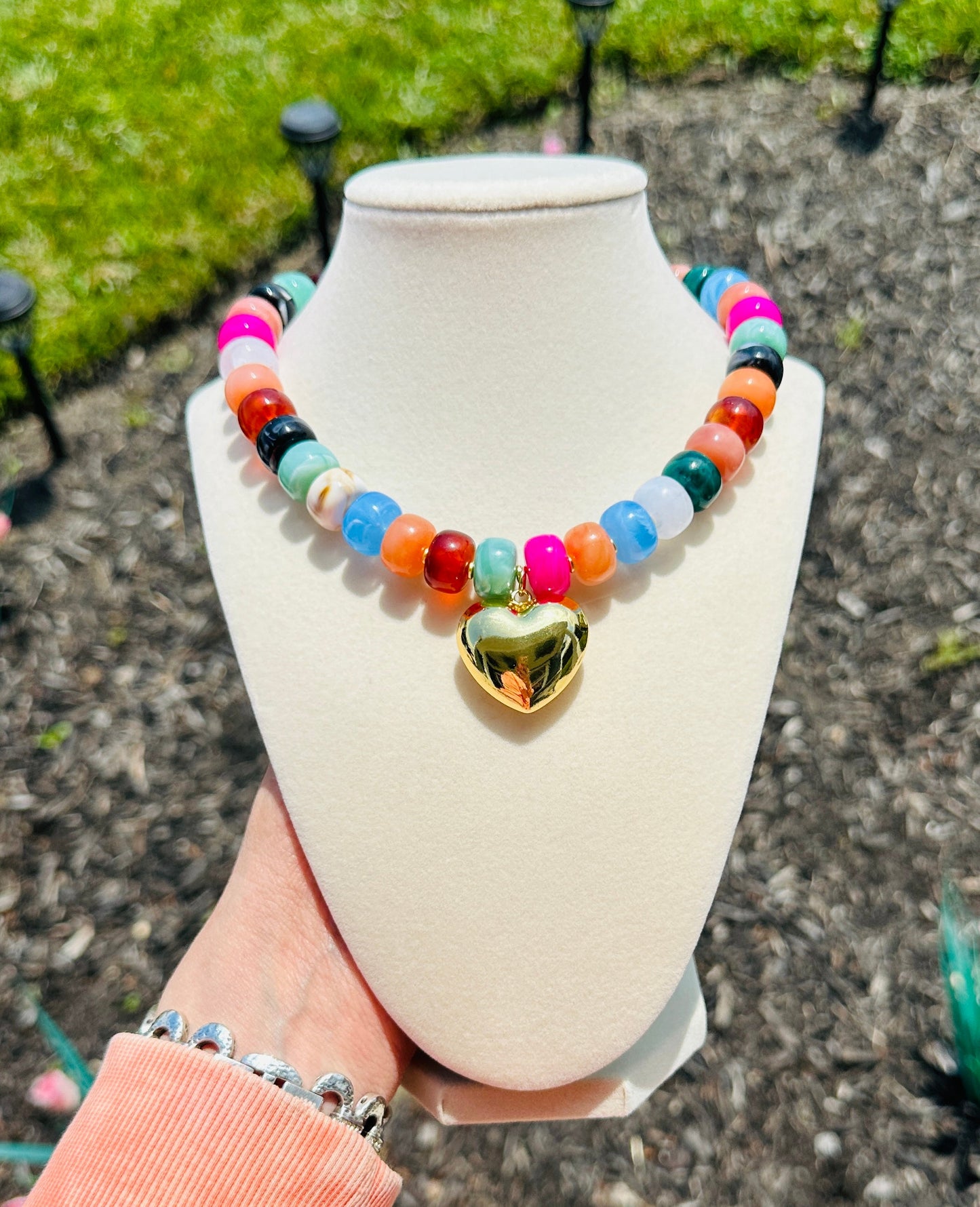 Rainbow Beaded Heart Necklace