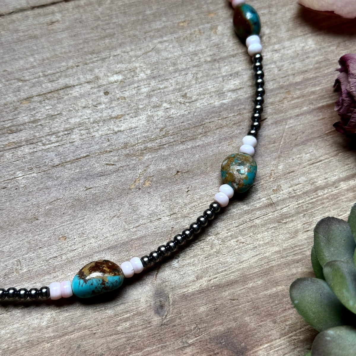 15” Pink Conch & Turquoise Necklace – Sterling Silver