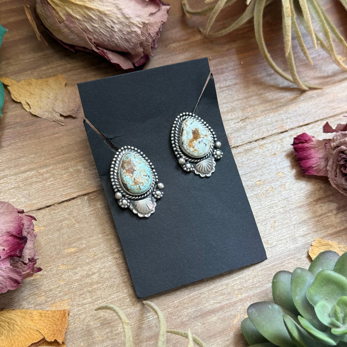 30 - Sterling Silver Dry Creek Turquoise Stud Earrings, $125 (MSRP $335), Artist Shay Pfeiffer