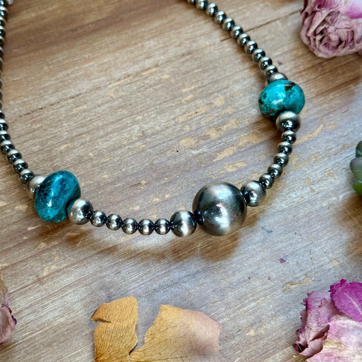 15” Turquoise Rondelle Necklace – Sterling Silver Pearls