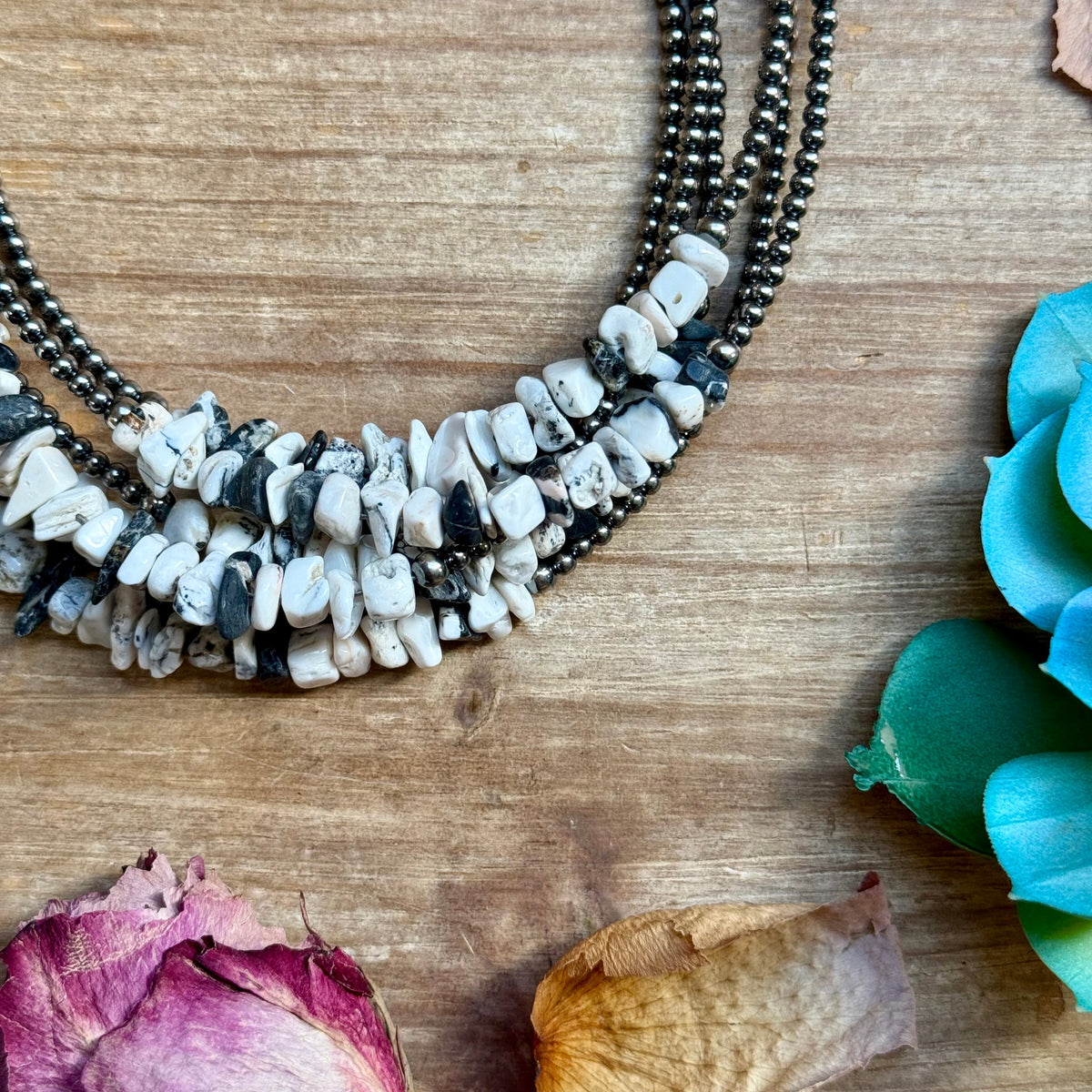 14” White Buffalo Choker – Sterling Silver Pearls