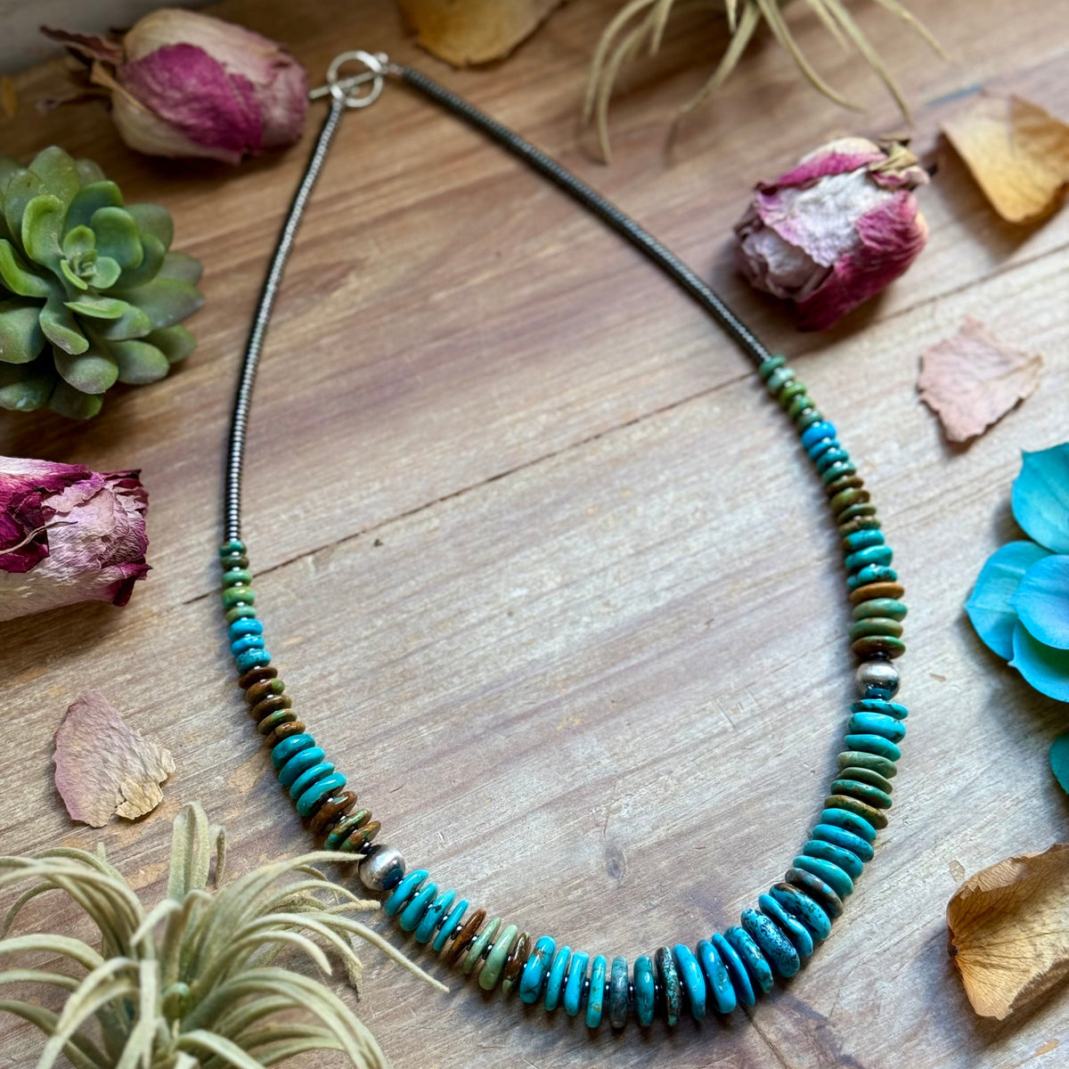 23” Tri Color Turquoise Graduated Necklace – Sterling Silver & Hematite