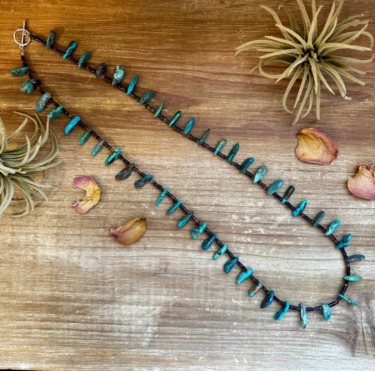 30 inch long shell and turquoise necklace