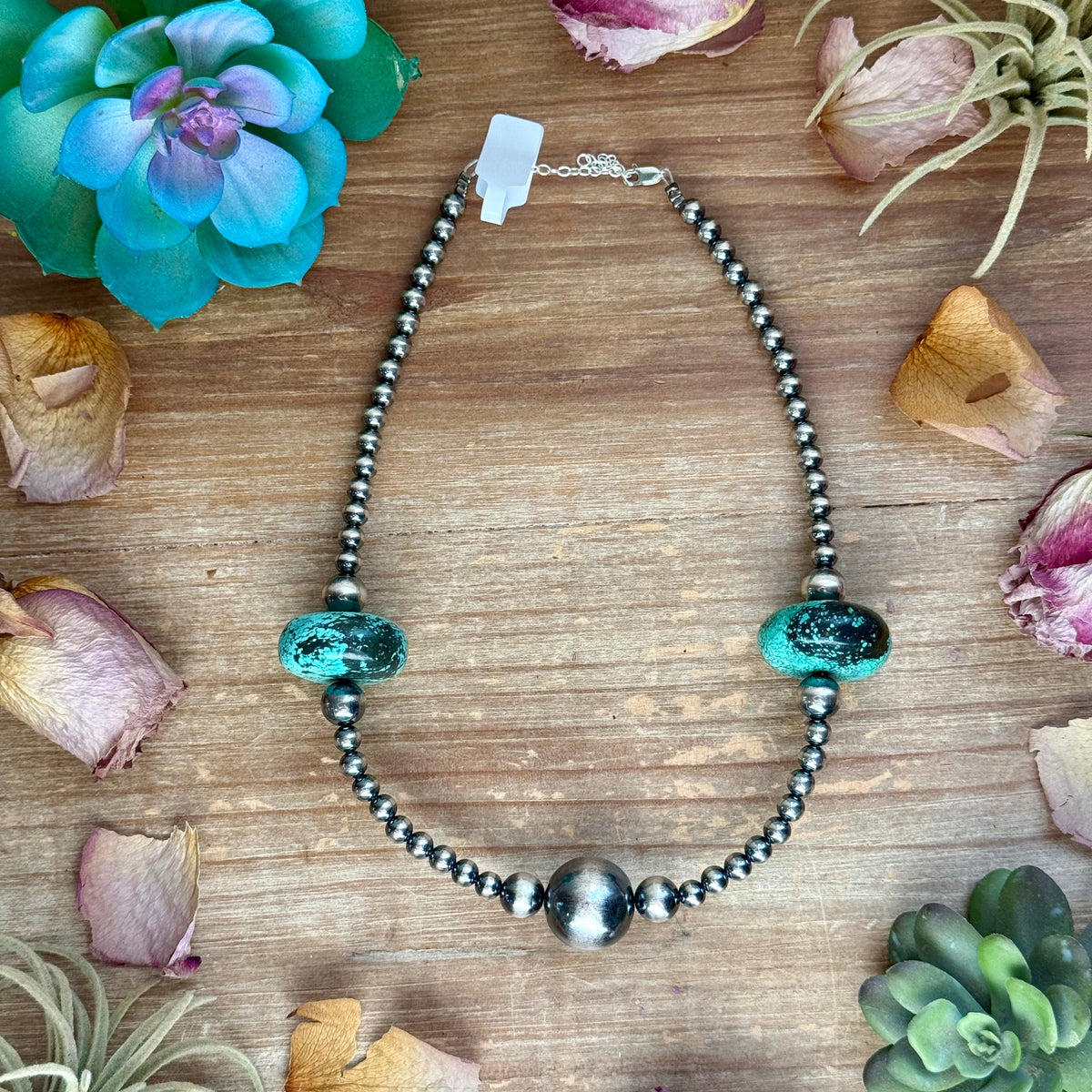 16” Turquoise Rondelle Necklace – Sterling Silver Pearls