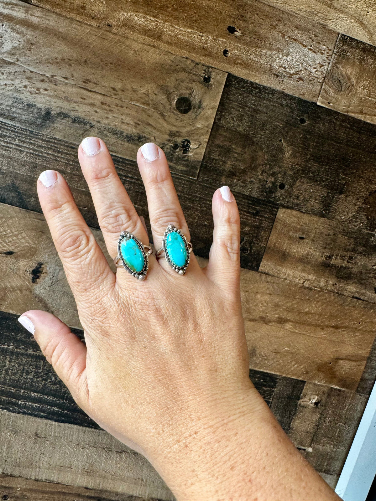 Ring size 7 & 8.5- long kingman turquoise and sterling silver