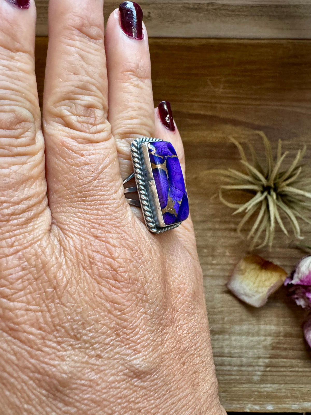 Purple Dahlia Ring – Sterling Silver – Native Made by M. Spencer – Size 8