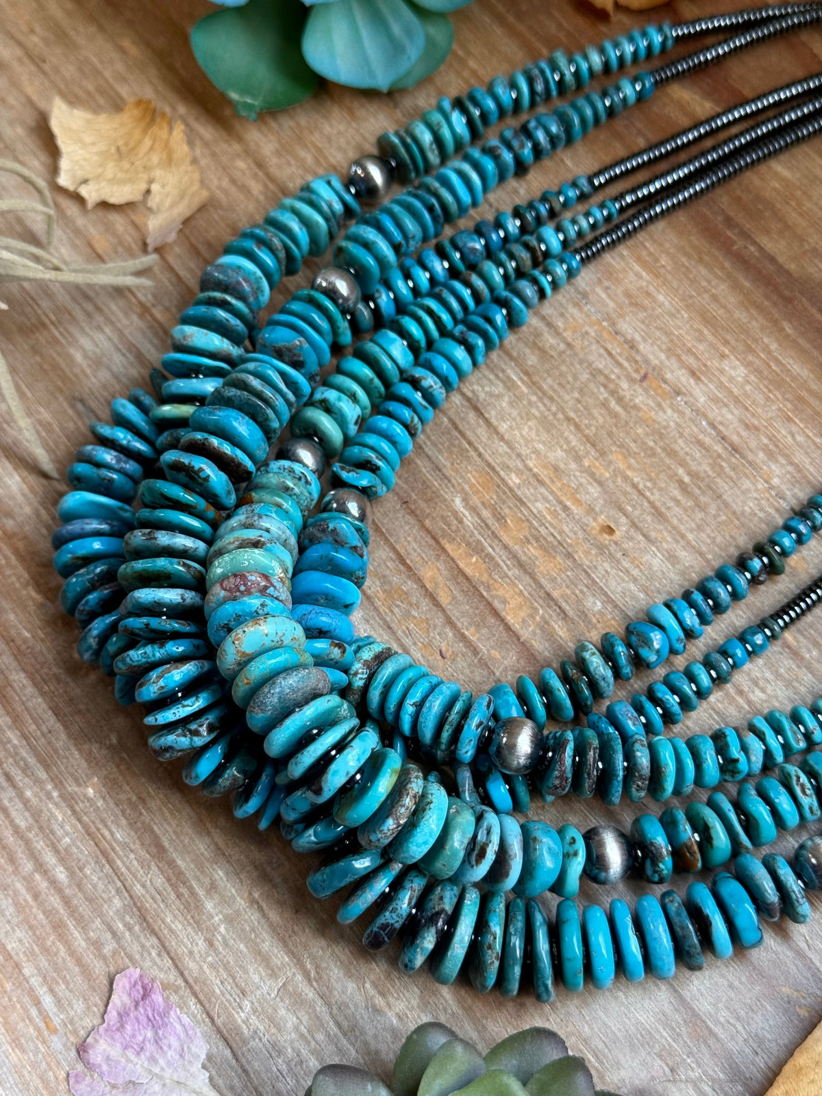 Dark Blue Turquoise Graduated Necklace with Sterling Silver Pearls & Hematite – 23”