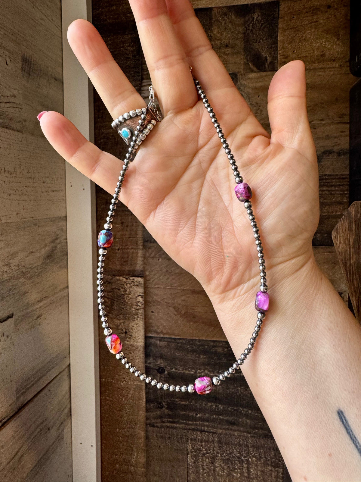 5 Pink dye Turquoise Choker and Sterling Silver Pearls