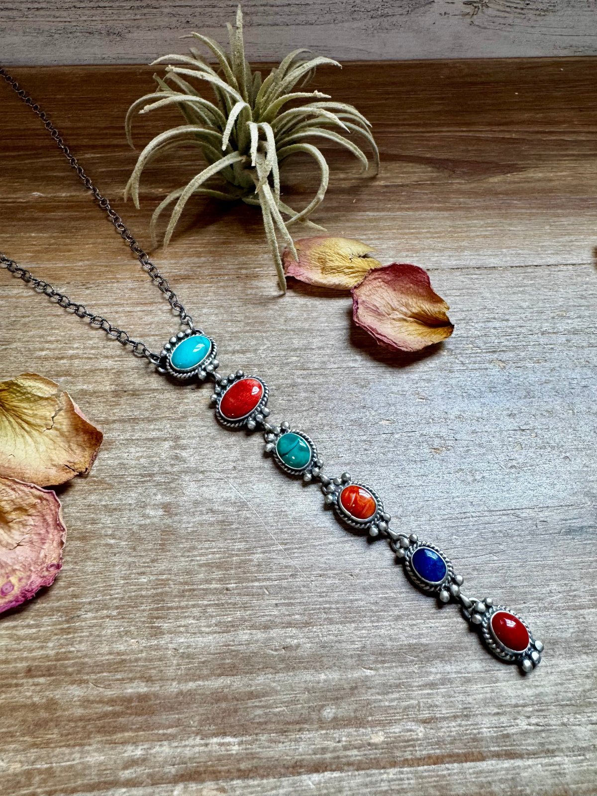 Sterling Silver Lariat Necklace – Native Made – Turquoise, Spiny, & Lapis Charms – One of a Kind