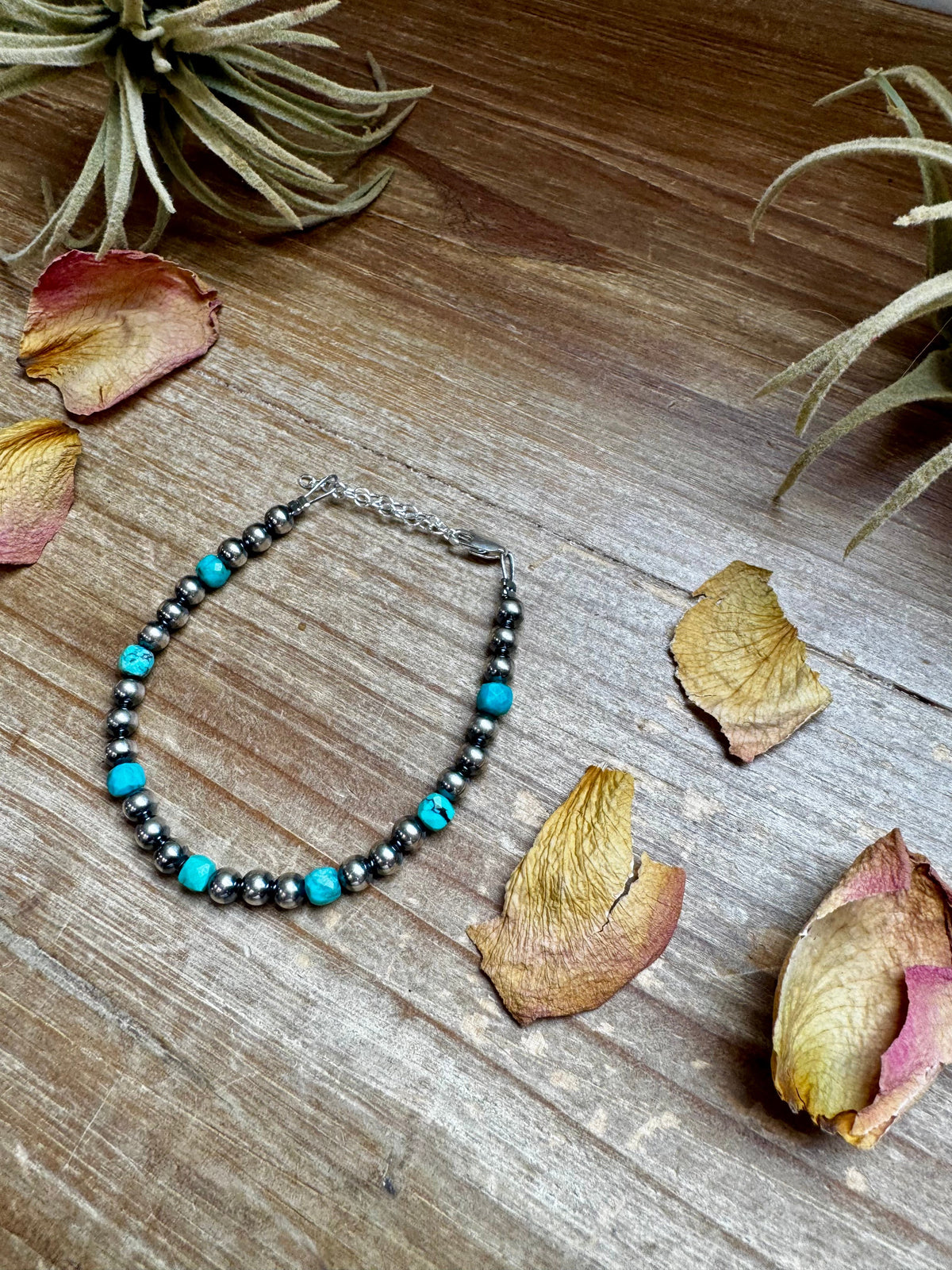 5mm Sterling Silver Pearl & Faceted Turquoise Bracelet