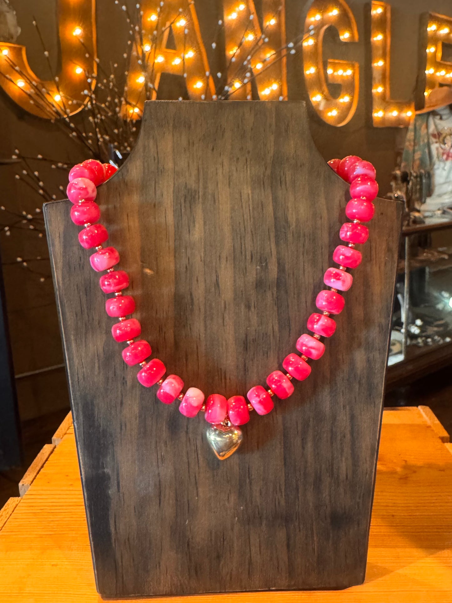 Pink Beaded Necklace with Heart