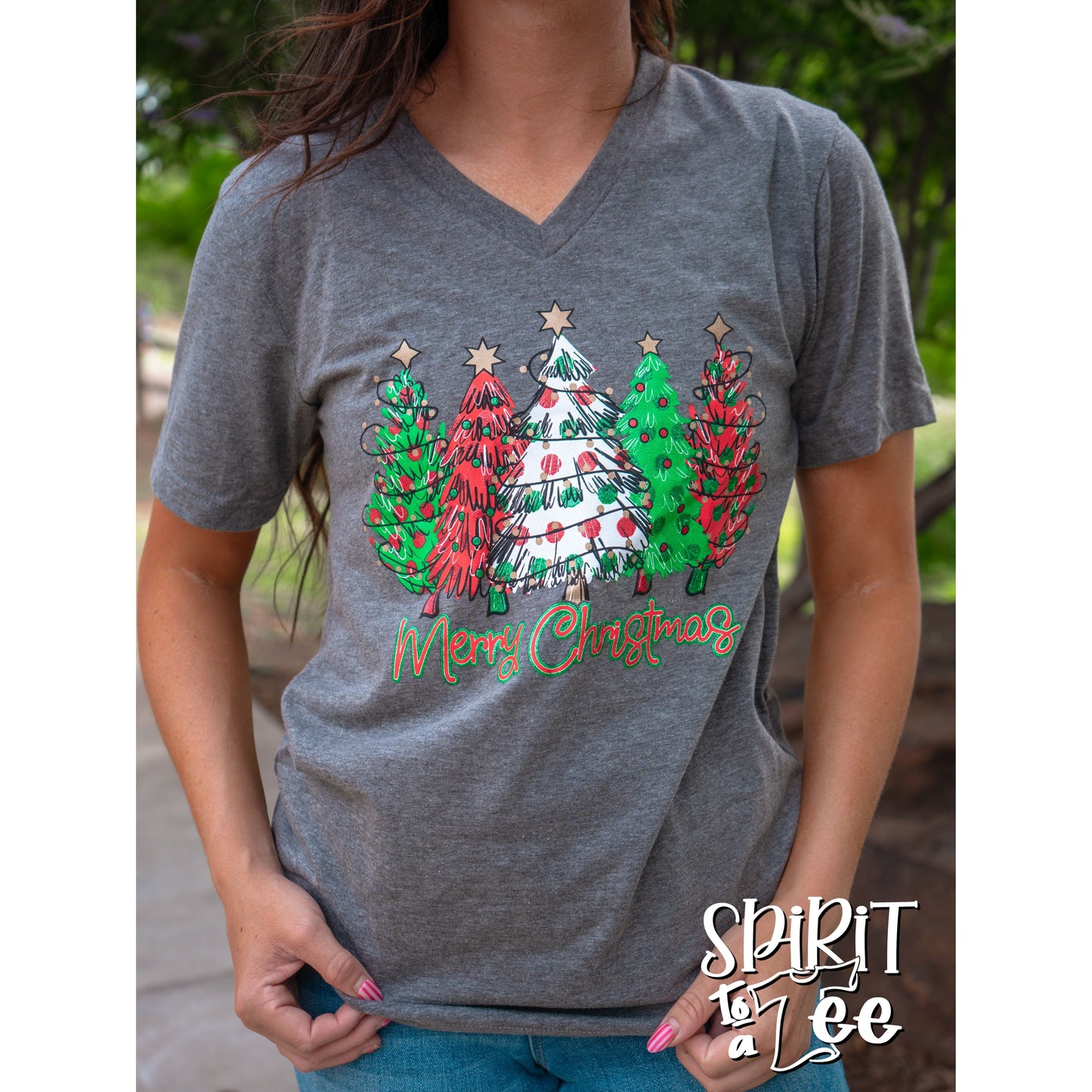 Polka Dot Trees V-Neck - Christmas Tee