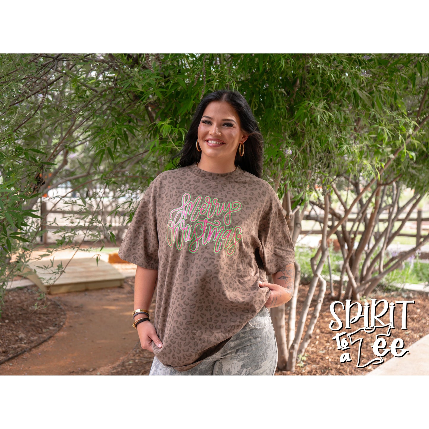 Merry Christmas - Brown Animal Print Christmas Tee