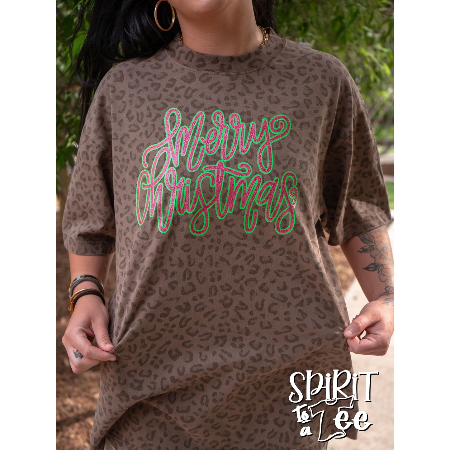 Merry Christmas - Brown Animal Print Christmas Tee