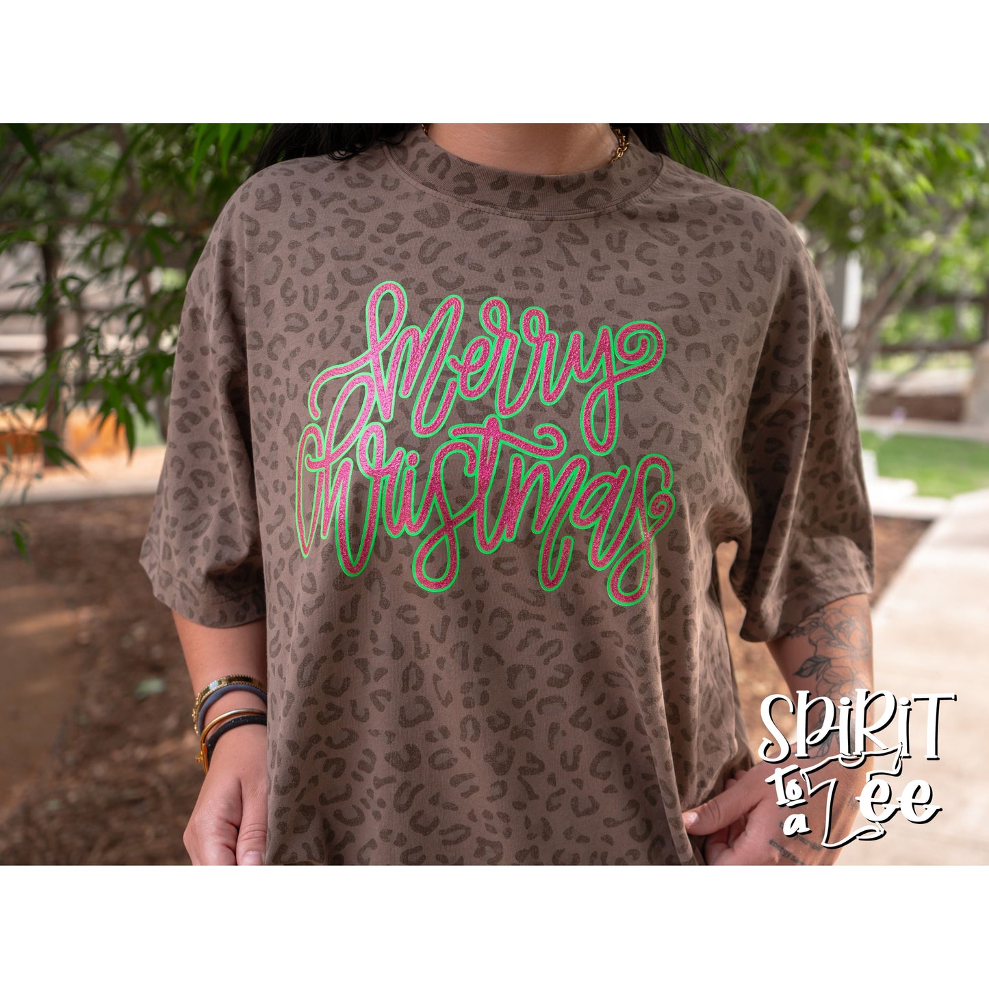 Merry Christmas - Brown Animal Print Christmas Tee