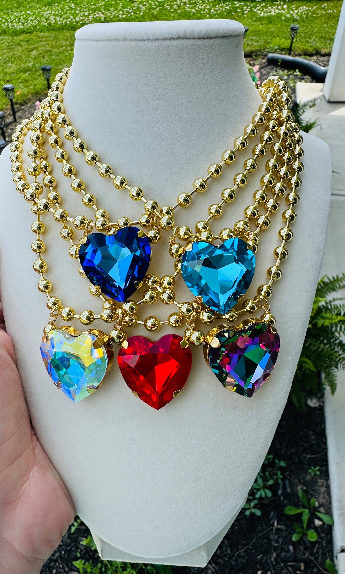 Crystal Heart Gold Bead Necklace-5 Colors