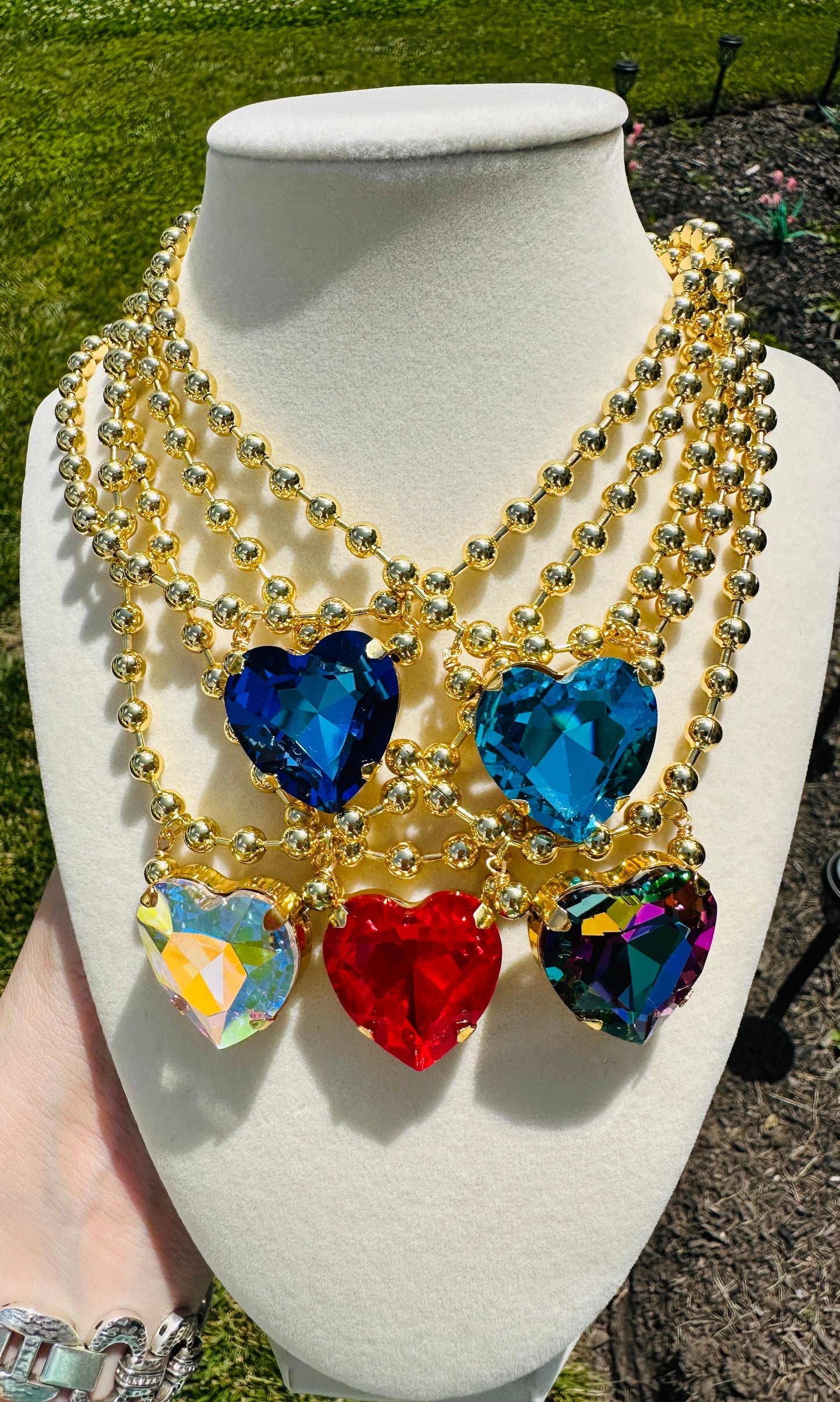 Crystal Heart Gold Bead Necklace-5 Colors