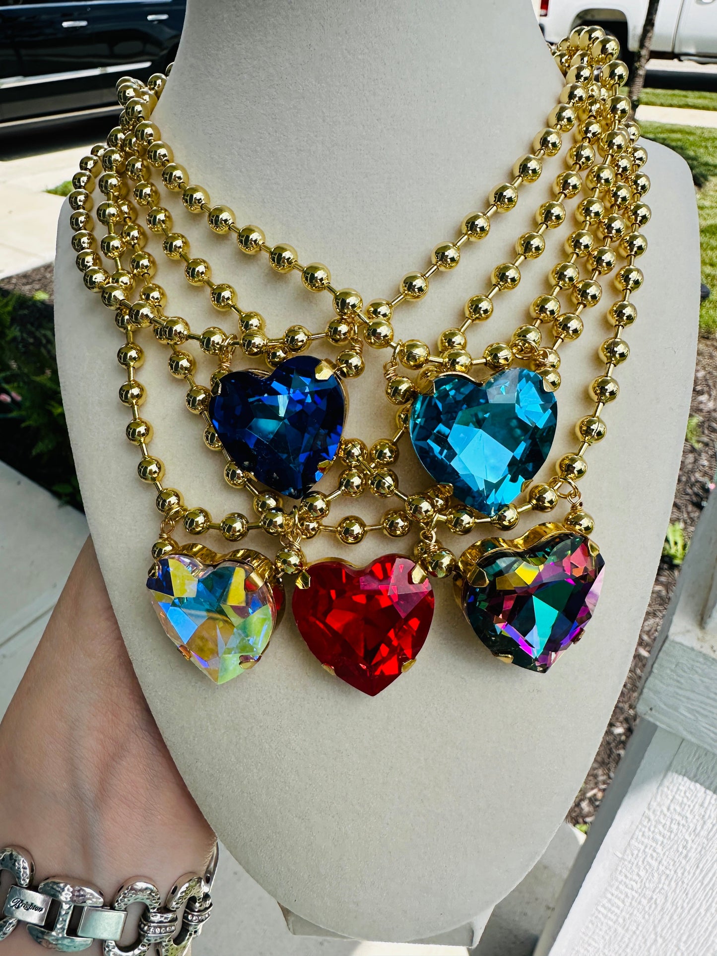 Crystal Heart Gold Bead Necklace-5 Colors