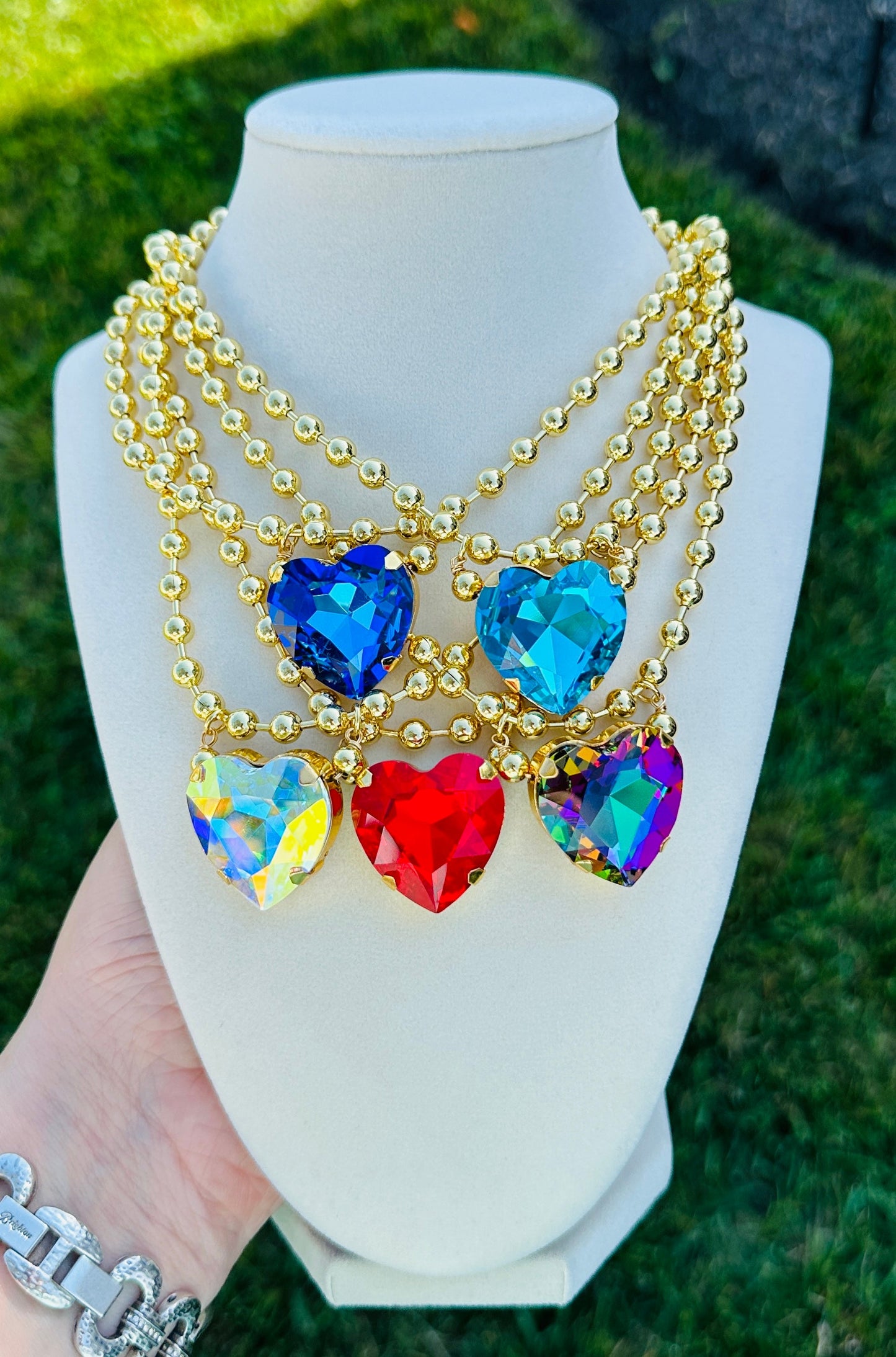 Crystal Heart Gold Bead Necklace-5 Colors