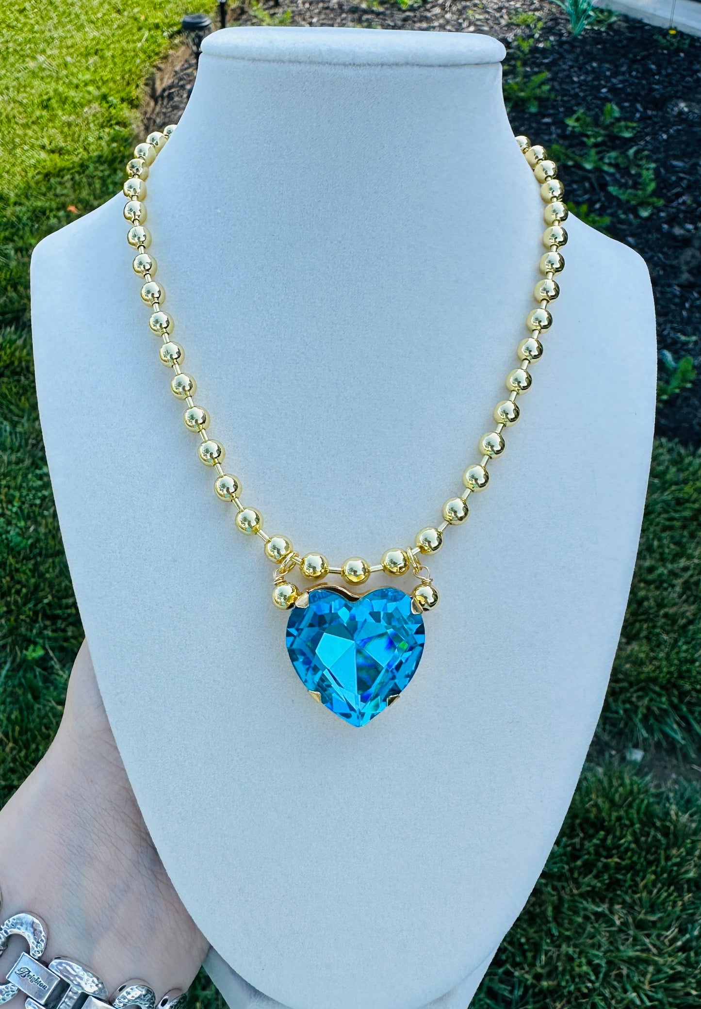 Crystal Heart Gold Bead Necklace-5 Colors