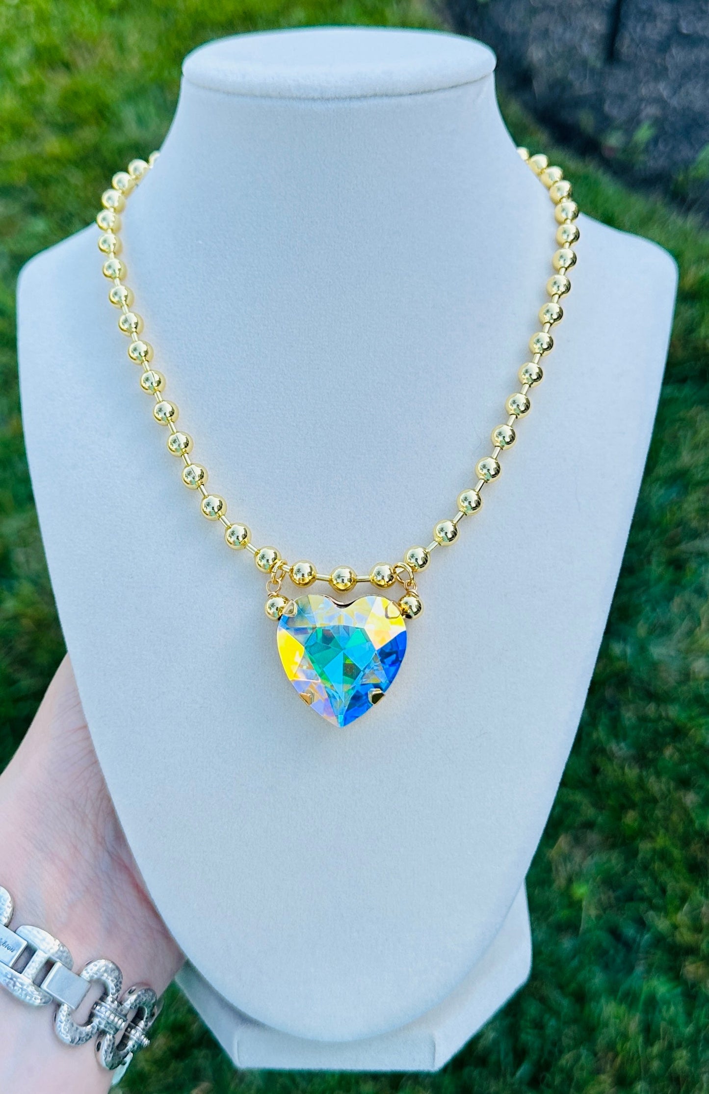 Crystal Heart Gold Bead Necklace-5 Colors