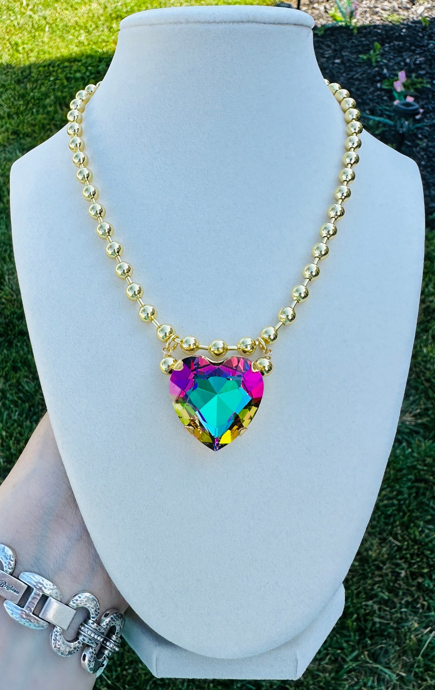 Crystal Heart Gold Bead Necklace-5 Colors