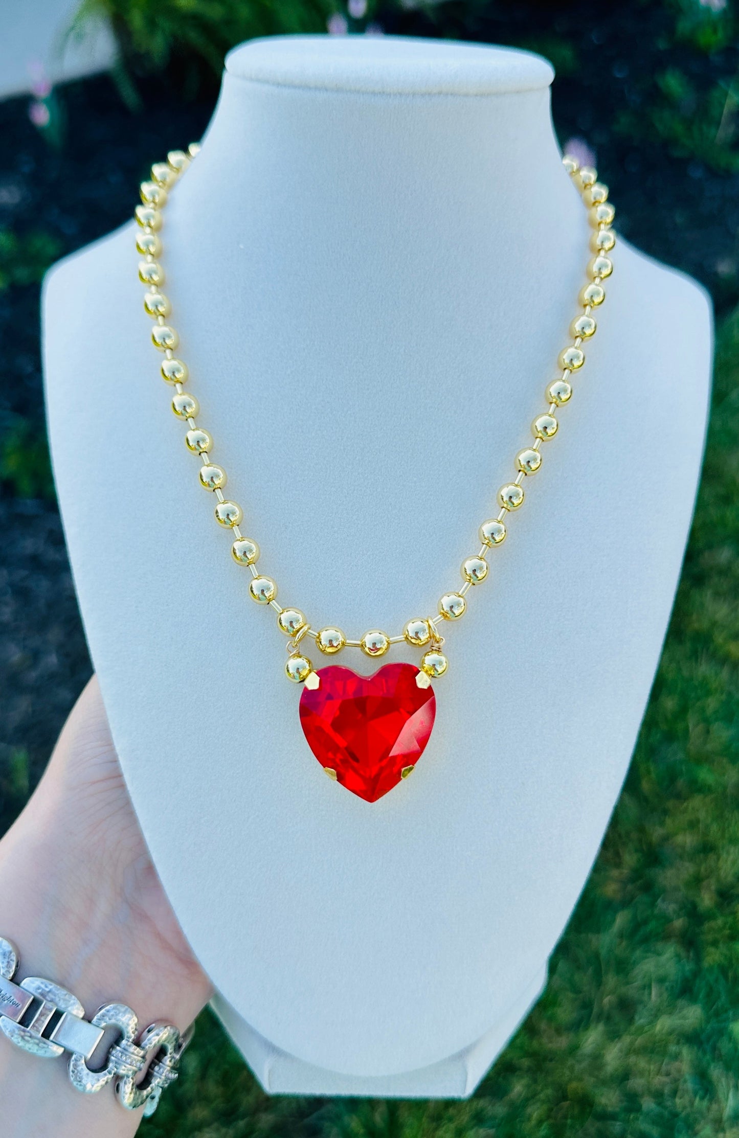 Crystal Heart Gold Bead Necklace-5 Colors