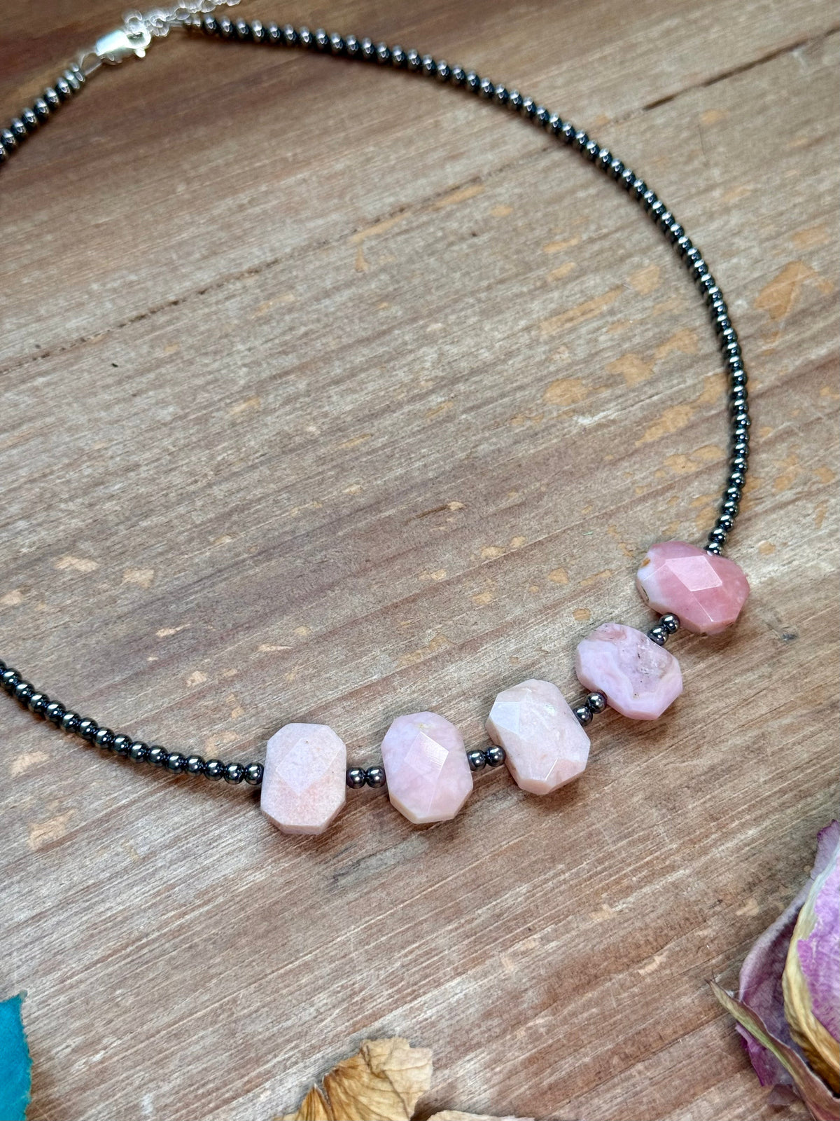 Pink Opal & 3mm Sterling Silver Pearl Necklace