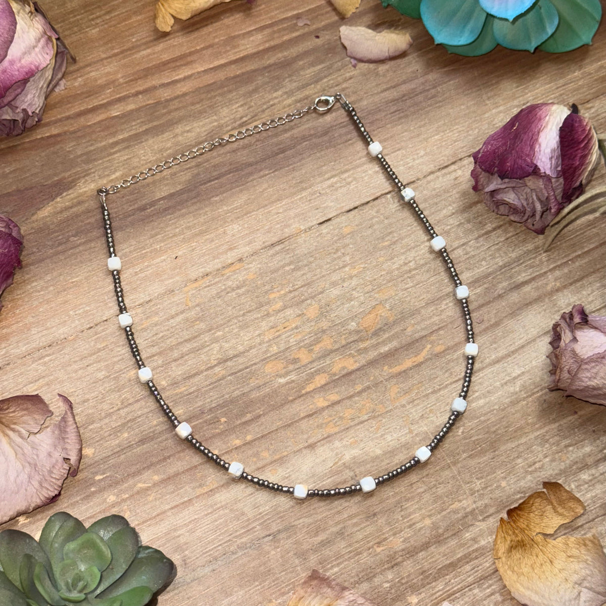 White Howlite Glass Seed Bead Choker