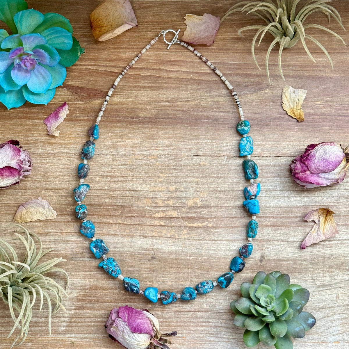 Blue Turquoise Nugget & Shell Necklace – 26”