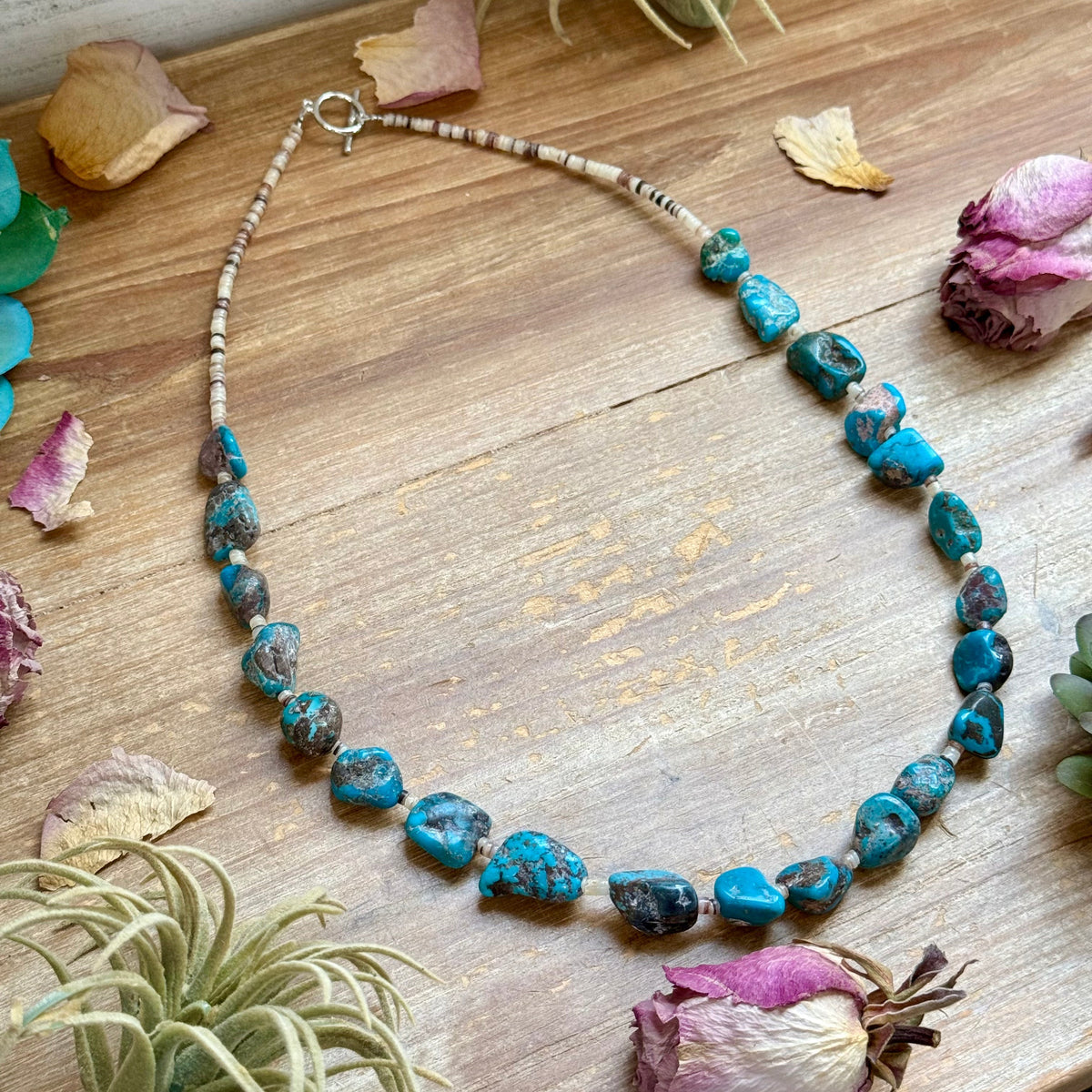 Blue Turquoise Nugget & Shell Necklace – 26”