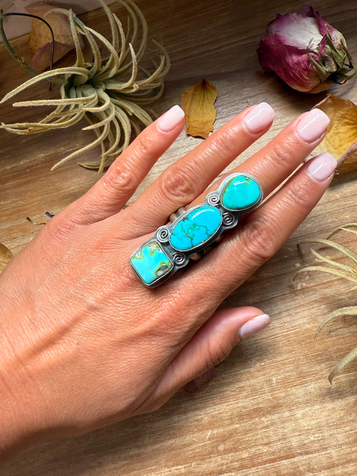 3-Stone Sonoran Turquoise Sterling Silver Ring – Adjustable