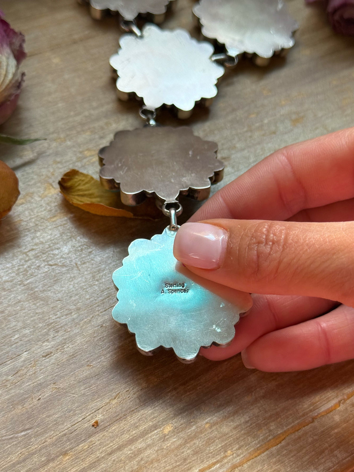 Sterling Silver Kingman Turquoise Flower Lariat Necklace – 25 Inch + 5½ Inch Drop – Native Made by A. Spencer – USA Made