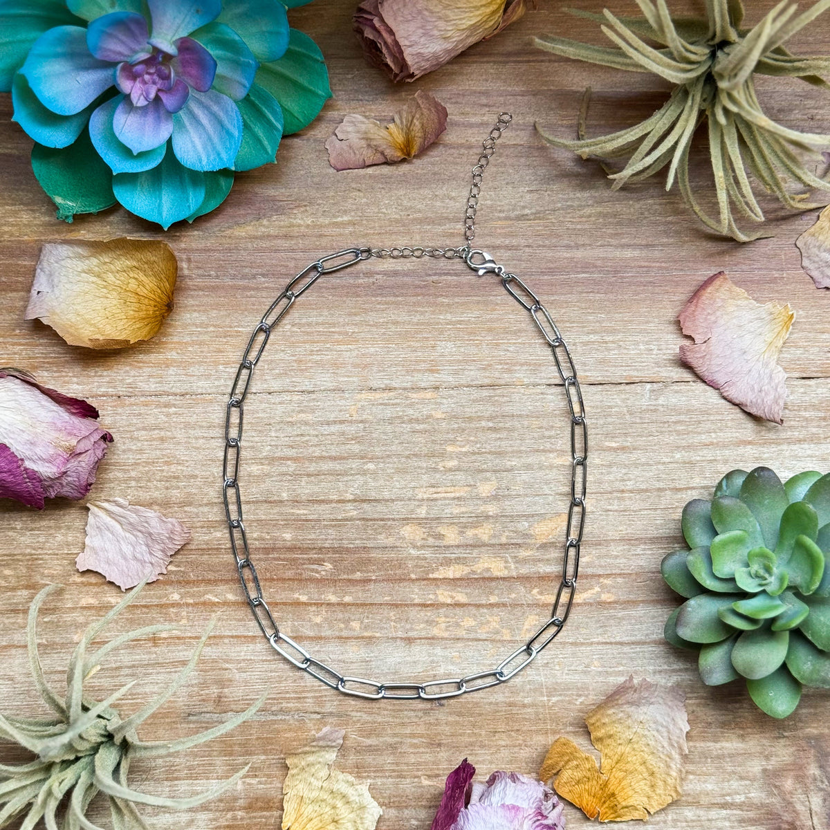 Silver Plated Paperclip Chain Choker – 14” + Extender