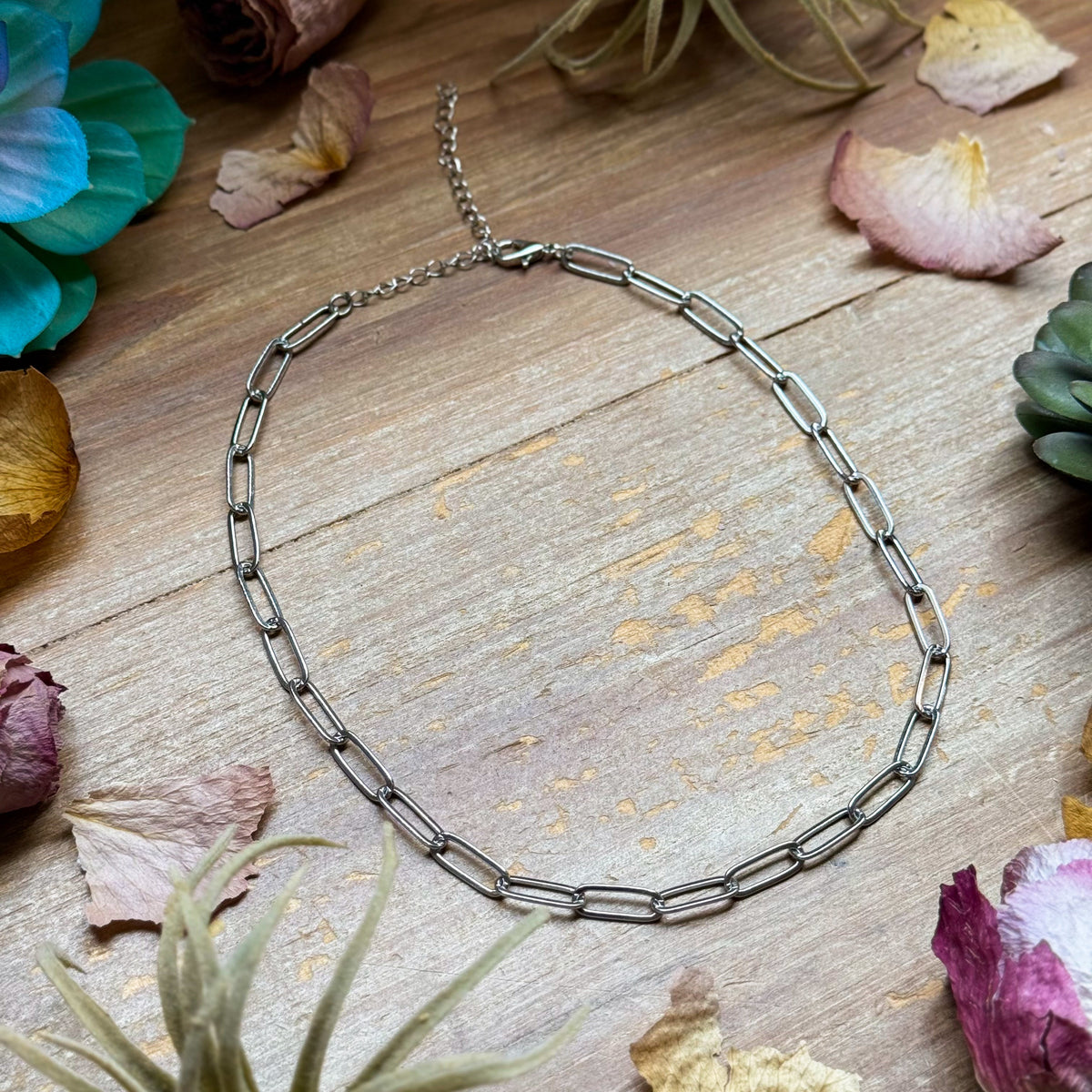 Silver Plated Paperclip Chain Choker – 14” + Extender