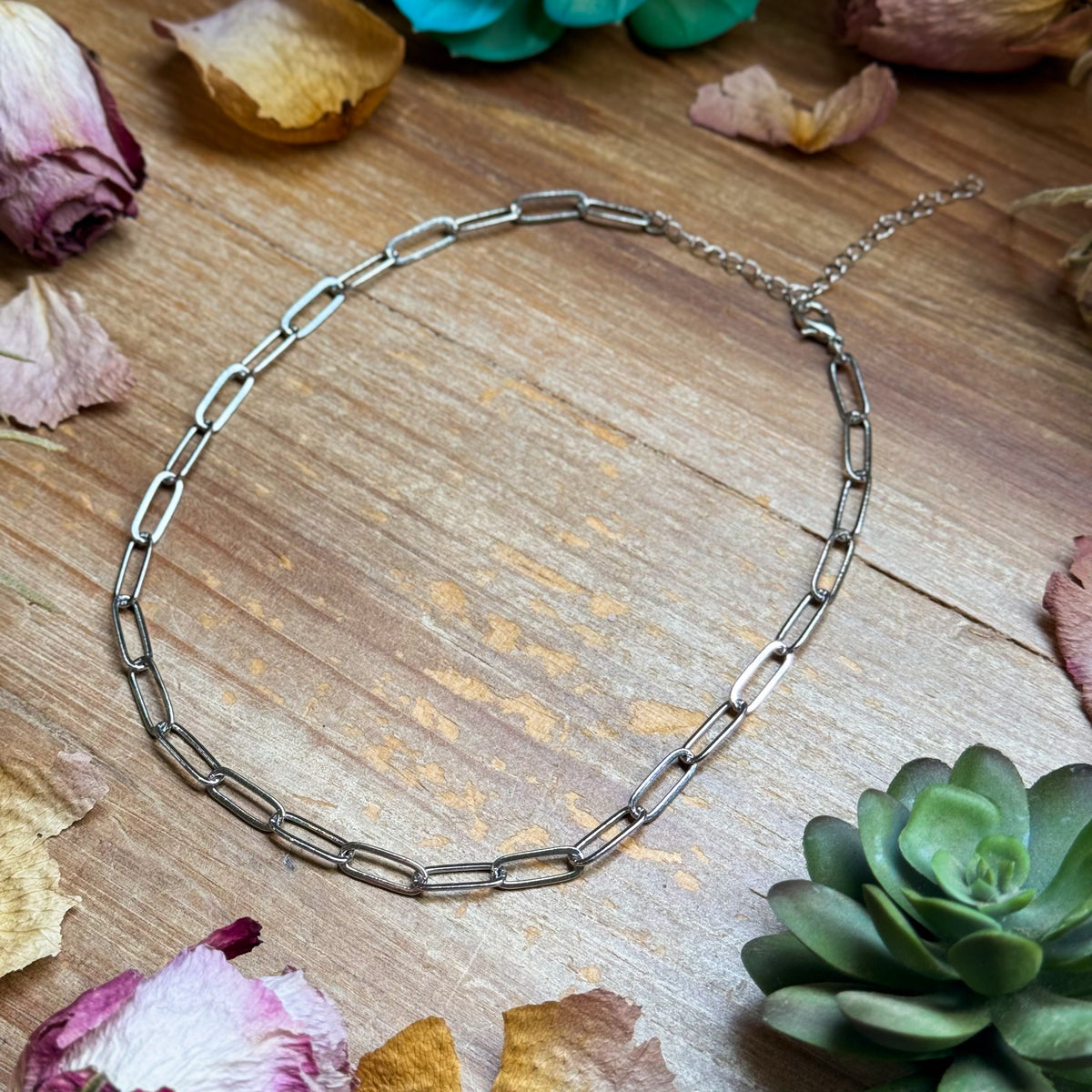 Silver Plated Paperclip Chain Choker – 14” + Extender