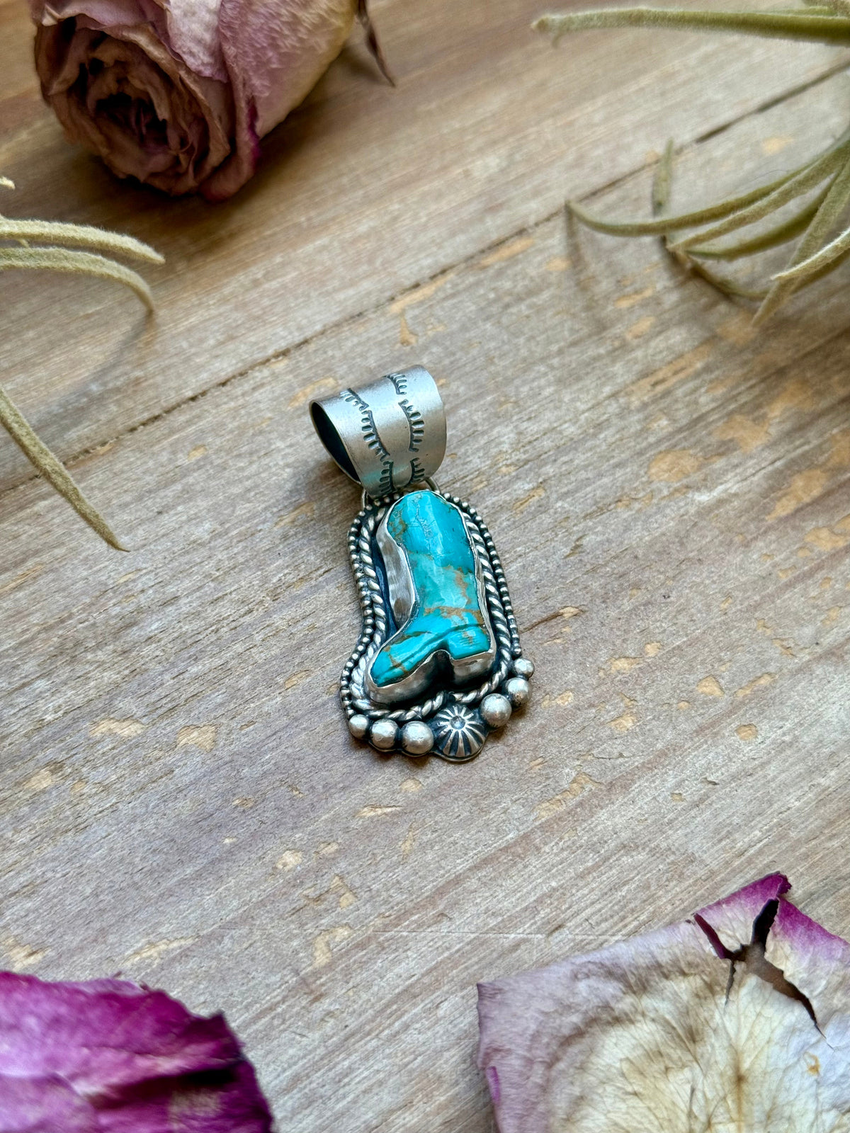 Sterling Silver Kingman Turquoise Cowboy Boot Pendant – Handmade by Artist Shay Pfeiffer