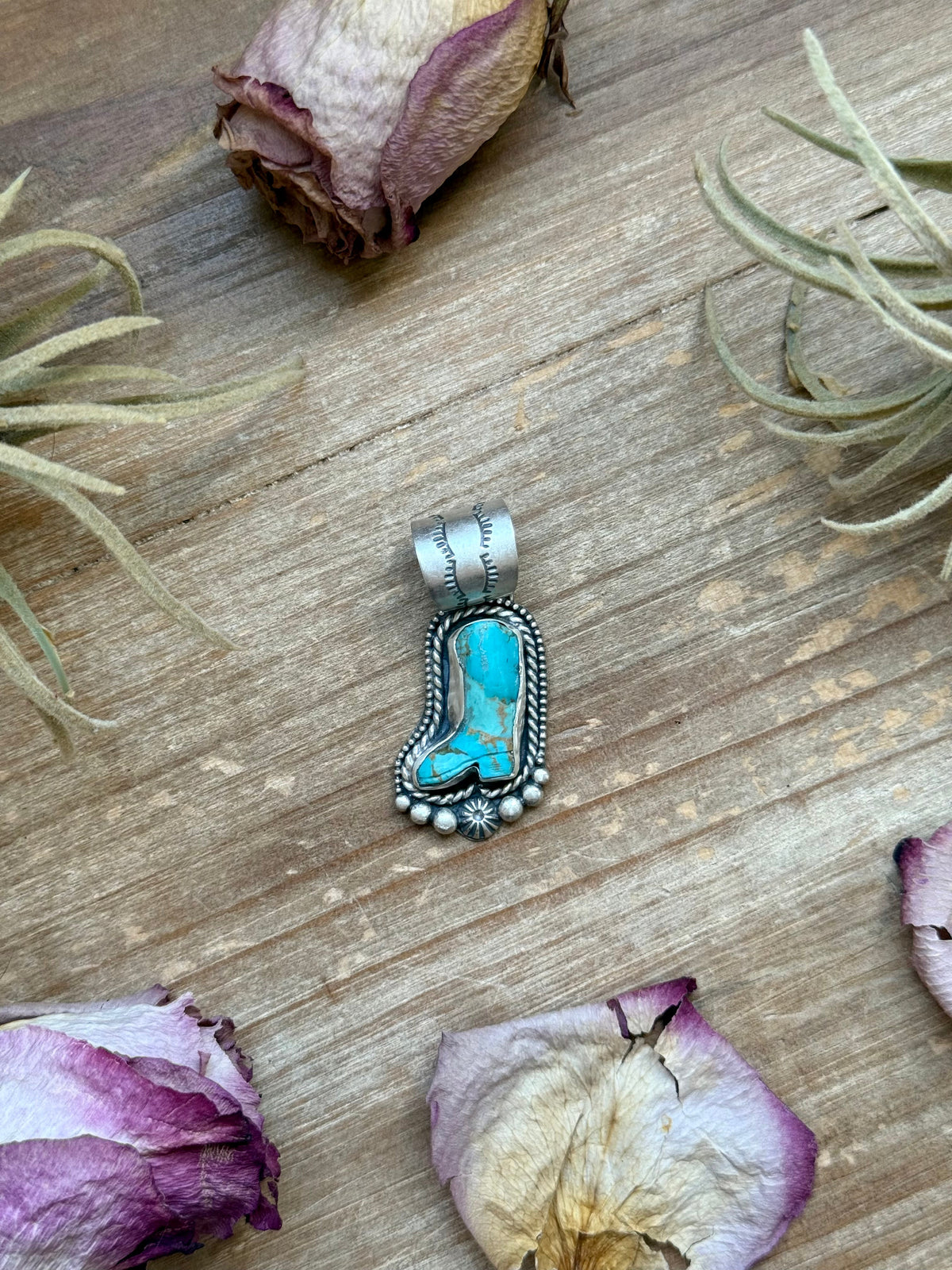 Sterling Silver Kingman Turquoise Cowboy Boot Pendant – Handmade by Artist Shay Pfeiffer