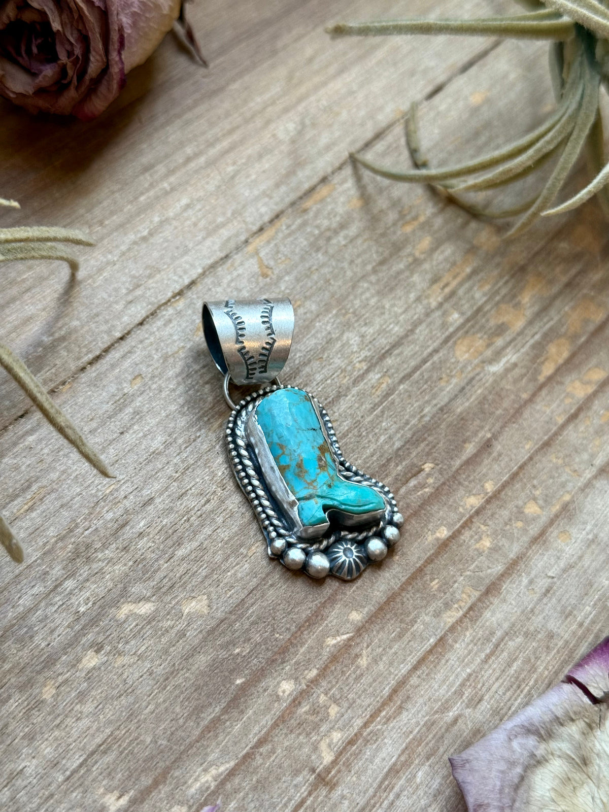 Sterling Silver Kingman Turquoise Cowboy Boot Pendant – Handmade by Artist Shay Pfeiffer