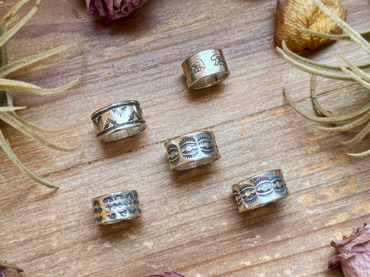 Sterling Silver Hand-Milled Wide Band Mini Sun Ray Stamped Ring – Size 5.5 – Handmade by Artist Jason Ogg