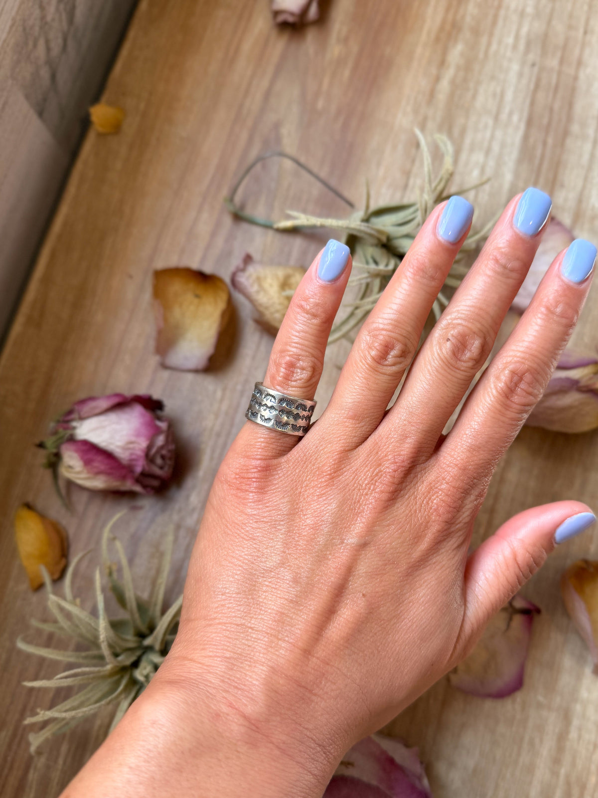 Sterling Silver Hand-Milled Wide Band Mini Sun Ray Stamped Ring – Size 5.5 – Handmade by Artist Jason Ogg