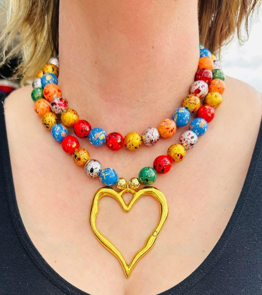 Rainbow Double Strand Hammered Heart Necklace