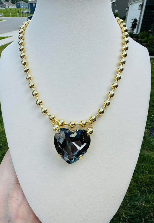 Smoky Crystal Heart Gold Bead Necklace