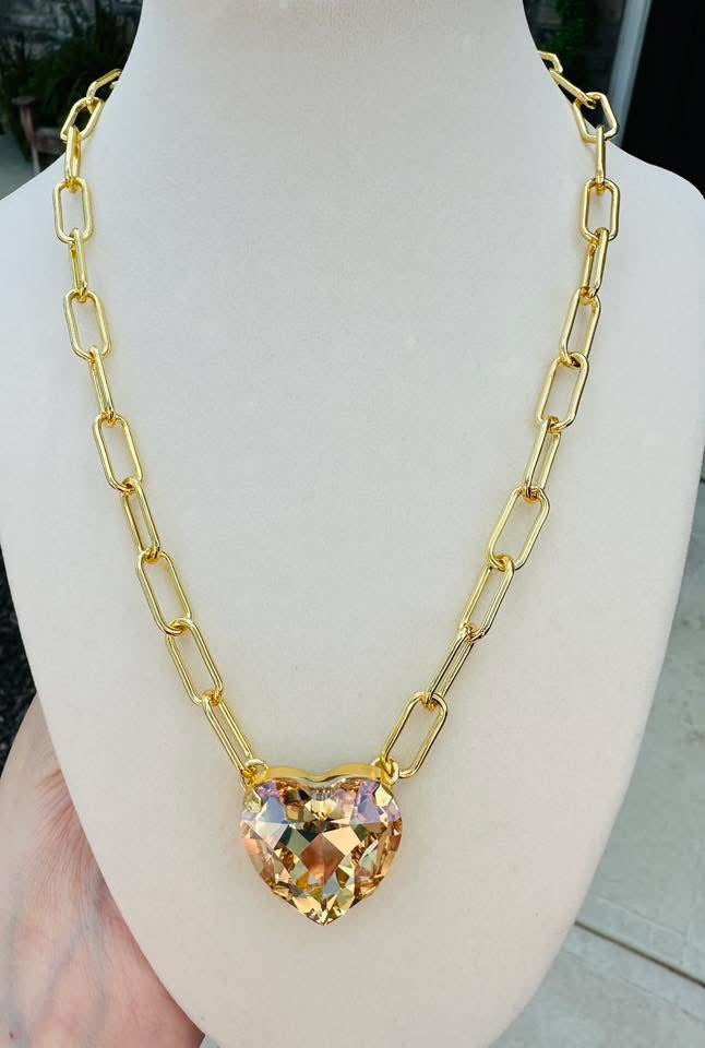 Champagne Crystal Heart Paperclip Chain Necklace