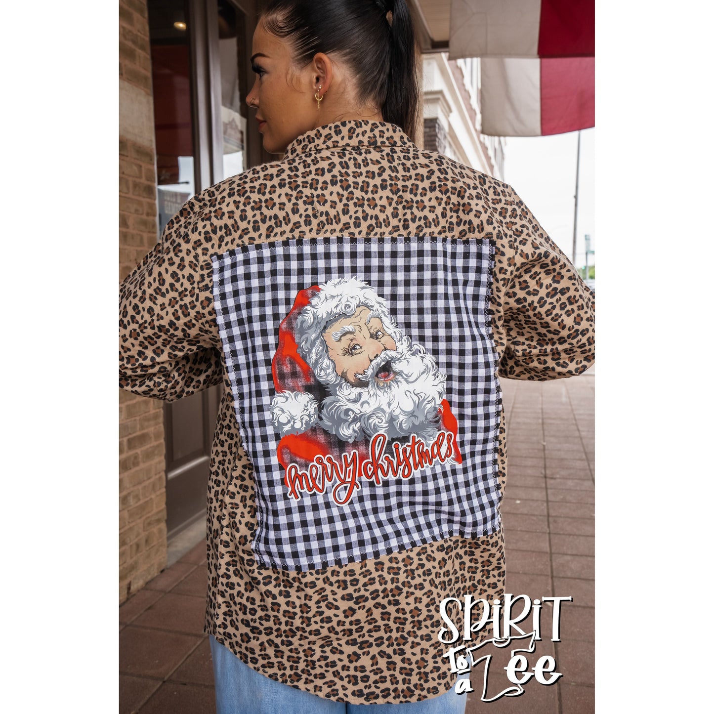 Merry Christmas Santa Patch on an Animal Print Flannel